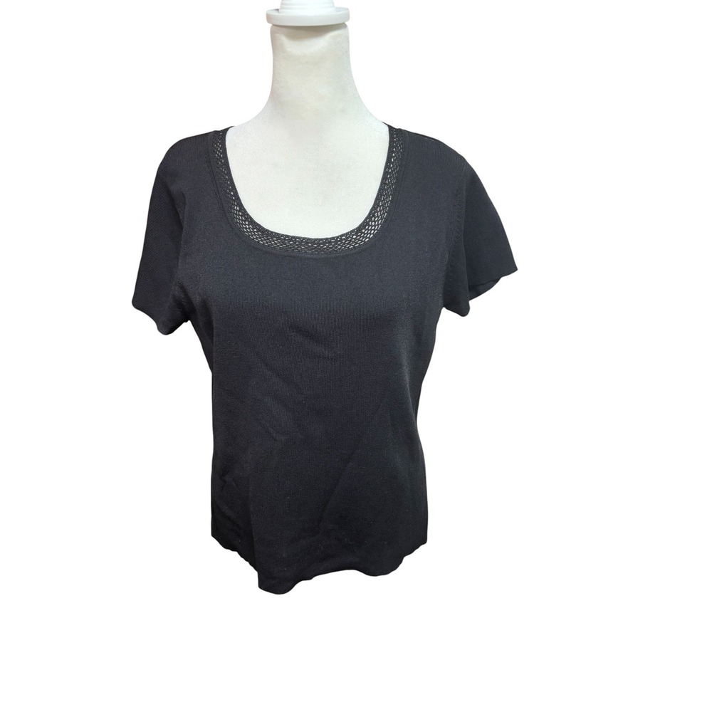 Apostrophe Womens Black Knit Short Sleeve Scoop Neck Crochet Trim Top Large K49